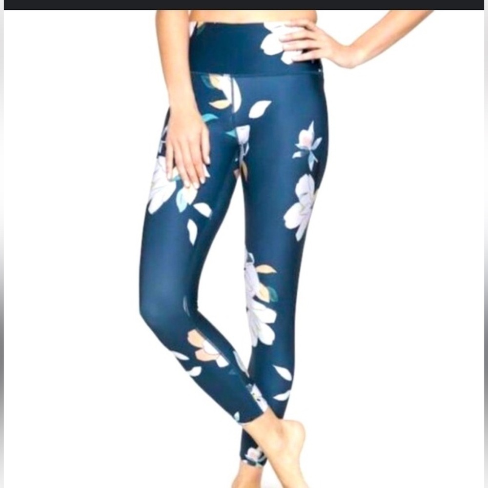 Athleta Leggings Floral Elation 7/8 54023 Dark Teal Peach Green Size Small